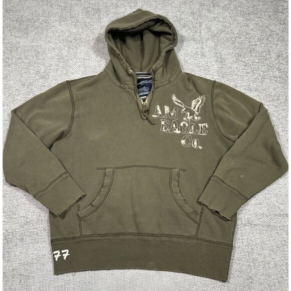 Y2K American Eagle Hoodie Men Large Green Distressed Stained Faded Grunge Skater - Picture 1 of 16